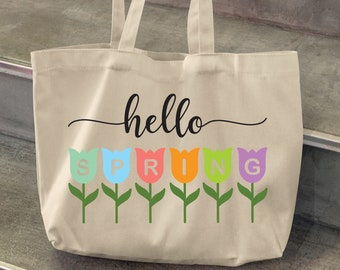 Hello Spring Tulips Flower Canvas Tote Bag, Floral tote bag, Cute Aesthetic Tote,Pattern Tote,Funny Tote bag canvas,Mothers Day gift for mom