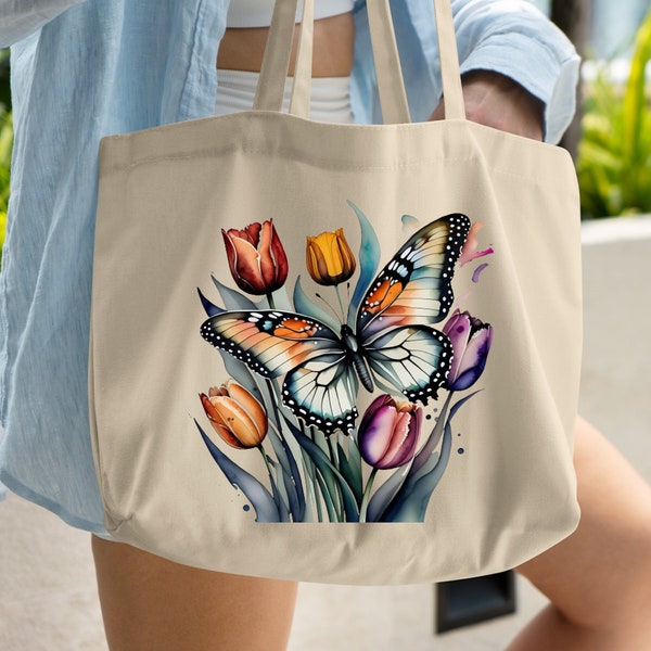 Tote Bag colorful butterfly, Watercolor Floral tote bag, Botanical Bag, Cottagecore Tote Bag, Gardening Tote bag canvas, wildflower tote bag