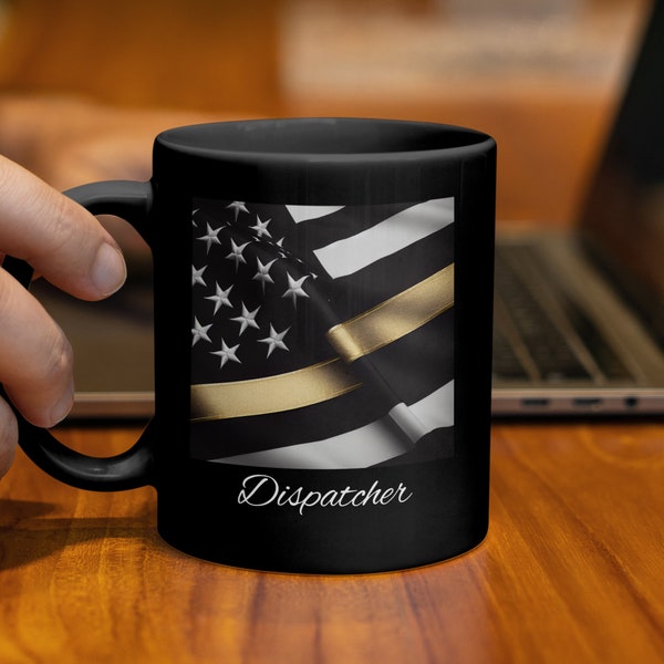 Thin Gold Line American Flag Mug, Dispatcher Appreciation Gift, Patriotic Coffee Cup, Support Law Enforcement, Flag Day Present