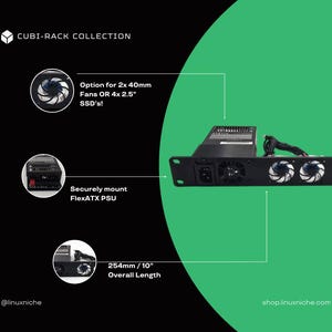 May include: Black Cubi-Rack Collection component with a green and black background. The component has three fans, a power supply, and the text "Option for 2x 40mm Fans OR 4x 2.5" SSD's!" The overall length is 10 inches.