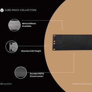May include: A black rectangular rack panel from the Cubi-Rack Collection. The panel features a standard 2U height and is made of durable PETG construction. Text on the image includes Cubi-Rack Collection, White & Black Available, Standard 2U Height, and Durable PETG Construction.