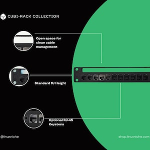 May include: Black Cubi-Rack Collection patch panel with multiple RJ45 ports. Features include open space for cable management, standard 1U height, and optional RJ-45 keystones. The image has a green and black background with the text "CUBI-RACK COLLECTION".