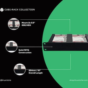 May include: Black Cubi-Rack Collection rack mount for 2x 3.5" SSD/HDD. The rack is made of solid PETG construction and has an overall length of 10 inches. The image includes the text "CUBI-RACK COLLECTION" and "Mount 2x 3.5" SSD/HDD".