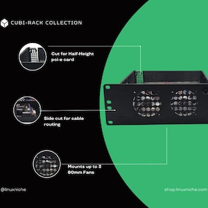 May include: Black Cubi-Rack Collection server rack with cutouts for half-height pci-e card and cable routing. The rack mounts up to 3 60mm fans. The text "CUBI-RACK COLLECTION" and "shop.linuxniche.com" are visible.
