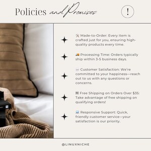 Może przedstawiać: Grafika z białym tłem i czarnym tekstem opisującym zasady i obietnice sklepu. Tekst zawiera informacje o produktach wykonywanych na zam&oacute;wienie, czasie przetwarzania, satysfakcji klienta, bezpłatnej wysyłce i responsywnym wsparciu.