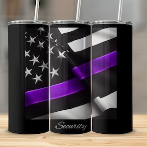 May include: Three stainless steel tumblers with a black and white American flag design and a purple ribbon. The tumblers have lids and straws. The text "Security" is printed on the bottom of the middle tumbler.