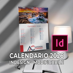 Può includere: Calendario da parete per il 2026 con un'immagine di un paesaggio costiero. Il calendario è etichettato "Gennaio 2026" e mostra i giorni del mese. Il testo "CALENDARIO 2026 INDESIGN - MODIFICABILE" è visibile in basso.