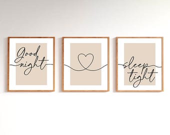 Good Night Sleep Tight Set of 3 Wall Art, Heart Bedroom Decor, Minimalist Scandi Prints, Neutral Nursery Decor, Custom Pastel Background