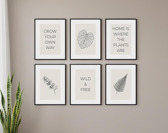 Set of 6 Large Wall Art Prints, Botanical Gallery Wall Set, Quote, Minimalist Modern Bedroom, Home Office Decor