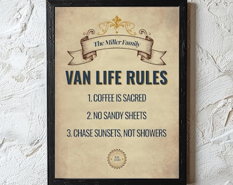 Personalized Van Life Rules Print | Custom Campervan Decor | Rustic Family Name Art Print
