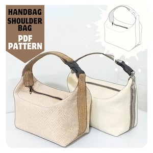 May include: Two beige handbags with brown straps and black buckles. The handbags have a zipper closure and are made of a woven fabric. The text "HANDBAG SHOULDER BAG PDF PATTERN" is displayed in brown text on a brown background.