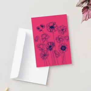 Poppie Flower Greeting Card- Botanial Drawing with Pink Background- Blank Inside
