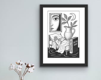 May include: Black and white framed art print featuring surrealist imagery. A face peers from a framed window, a pitcher with foliage, and a bed with a hand reaching out. A dictionary is at the foot of the bed.