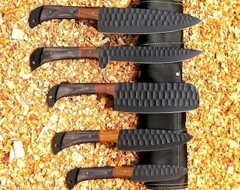 5Pcs Hand Forged Damascus Steel Chef Set, Damascus Knife Set, Damascus Chef's Knife Set, Damascus Kitchen Knife Set, Best FATHERS DAY Gifts.