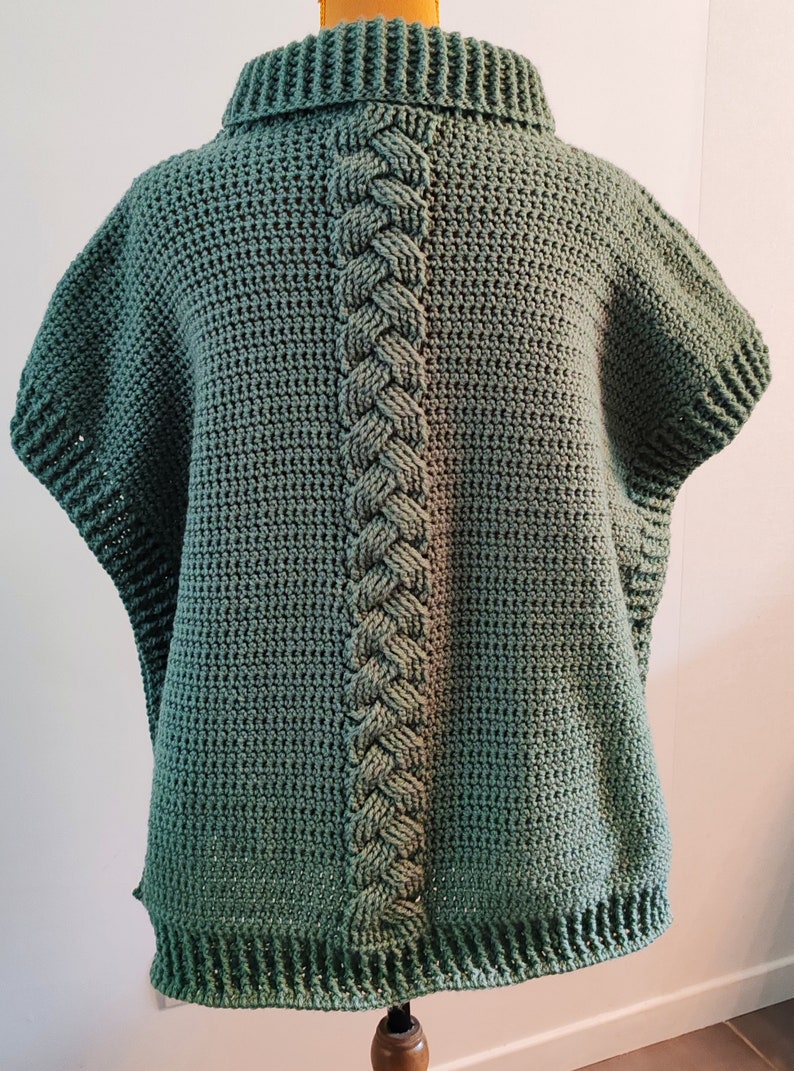 Jersey poncho con trenzas / Verde salvia / Hecho a mano imagen 2