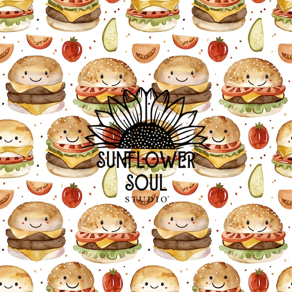 Seamless pattern Cheerful Hamburgers | repeat file digital paper | Junk food pattern | Fast food burgers | commercial use