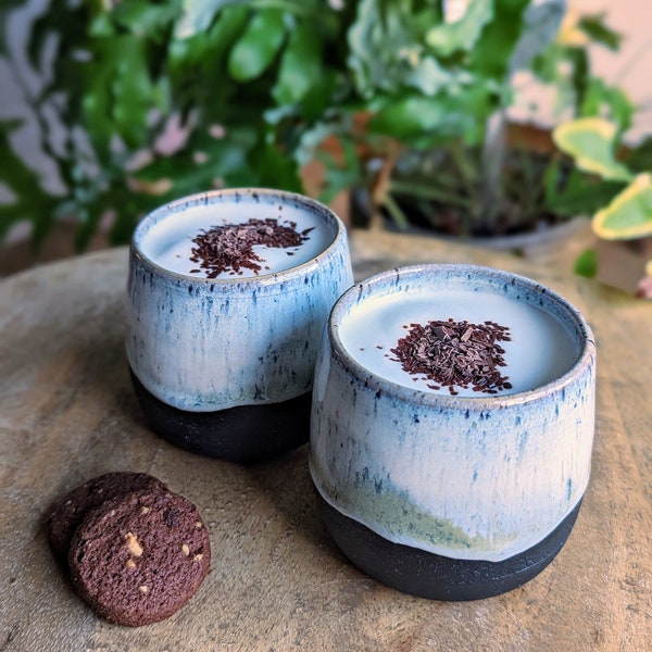 2 hand-potted coffee mugs black/white - earthenware, ceramic, white glaze, handmade