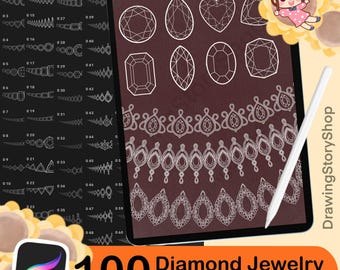 100 Procreate Diamond and Gemstone Stamp Brush, Jewelry Design, Fashion Design, Diamond Contour, Gemstone Outline, Gem