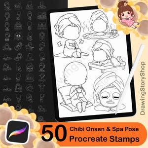 50 Chibi Onsen & Spa Pose Stamps for Procreate | Base Chibi Relaxing Poses | Chibi Body Stamps | Anime Manga | Character Design Set