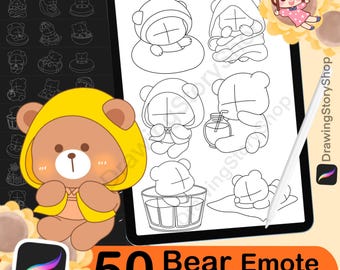 May include: A set of 50 black and white bear emoticons for Procreate. The emoticons are in various poses, including sitting, sleeping, and drinking from a cup. The text "50 Bear Emote Procreate Stamps" is at the bottom of the image.