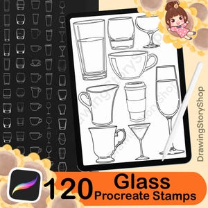 May include: A digital illustration of various glassware, including glasses, mugs, and cups, displayed on a tablet. The image includes the text "120 Glass Procreate Stamps" and a stylus. The background features a Procreate app icon and decorative elements.