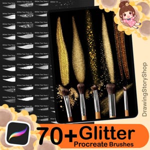May include: A digital art product display featuring Procreate brushes. The image showcases various glitter brush strokes in gold tones, alongside makeup brushes. The text reads "70+ Glitter Procreate Brushes."