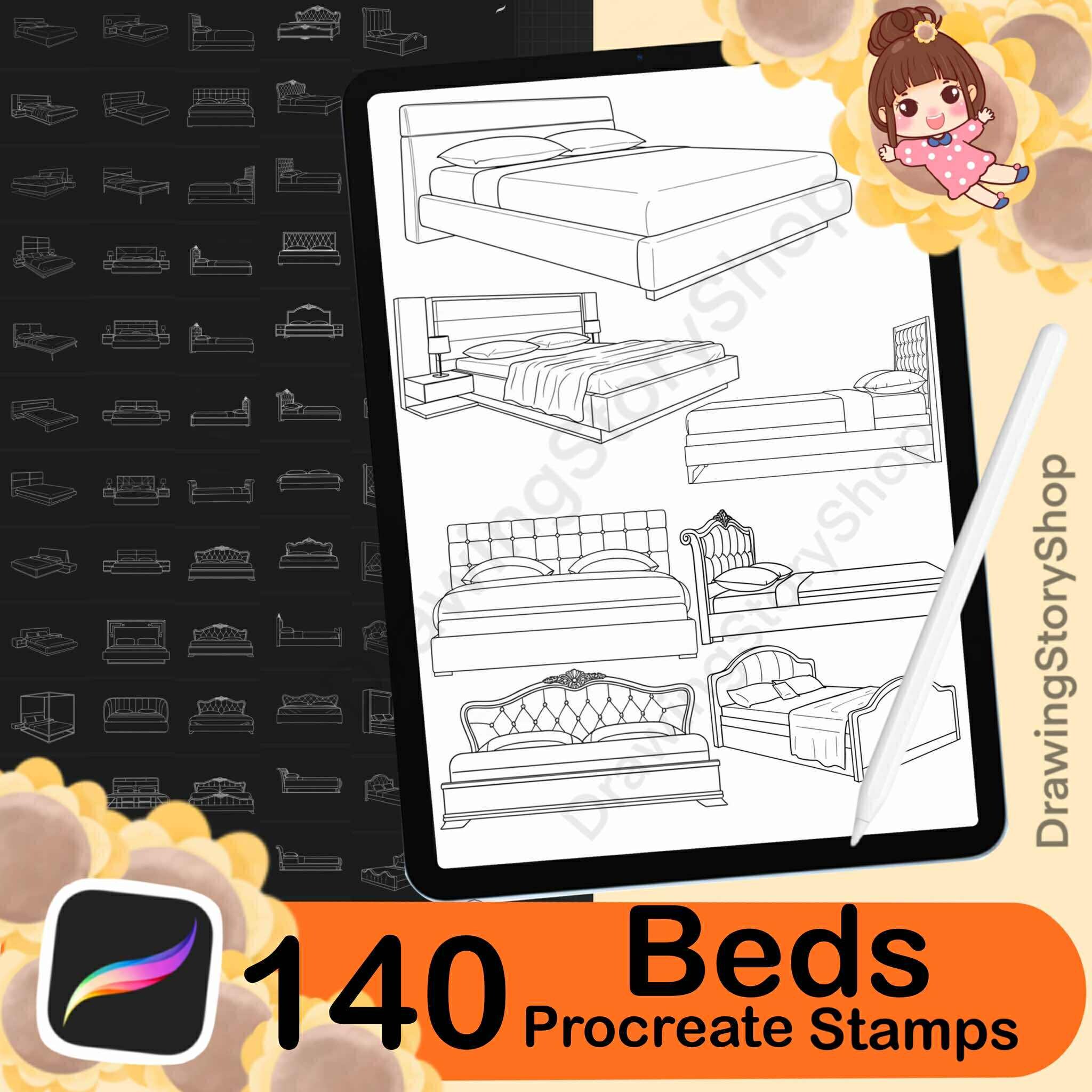 140 pinceles de camas interiores para Procreate. Sellos de sofás cama para Procreate. Dormitorios para Procreate