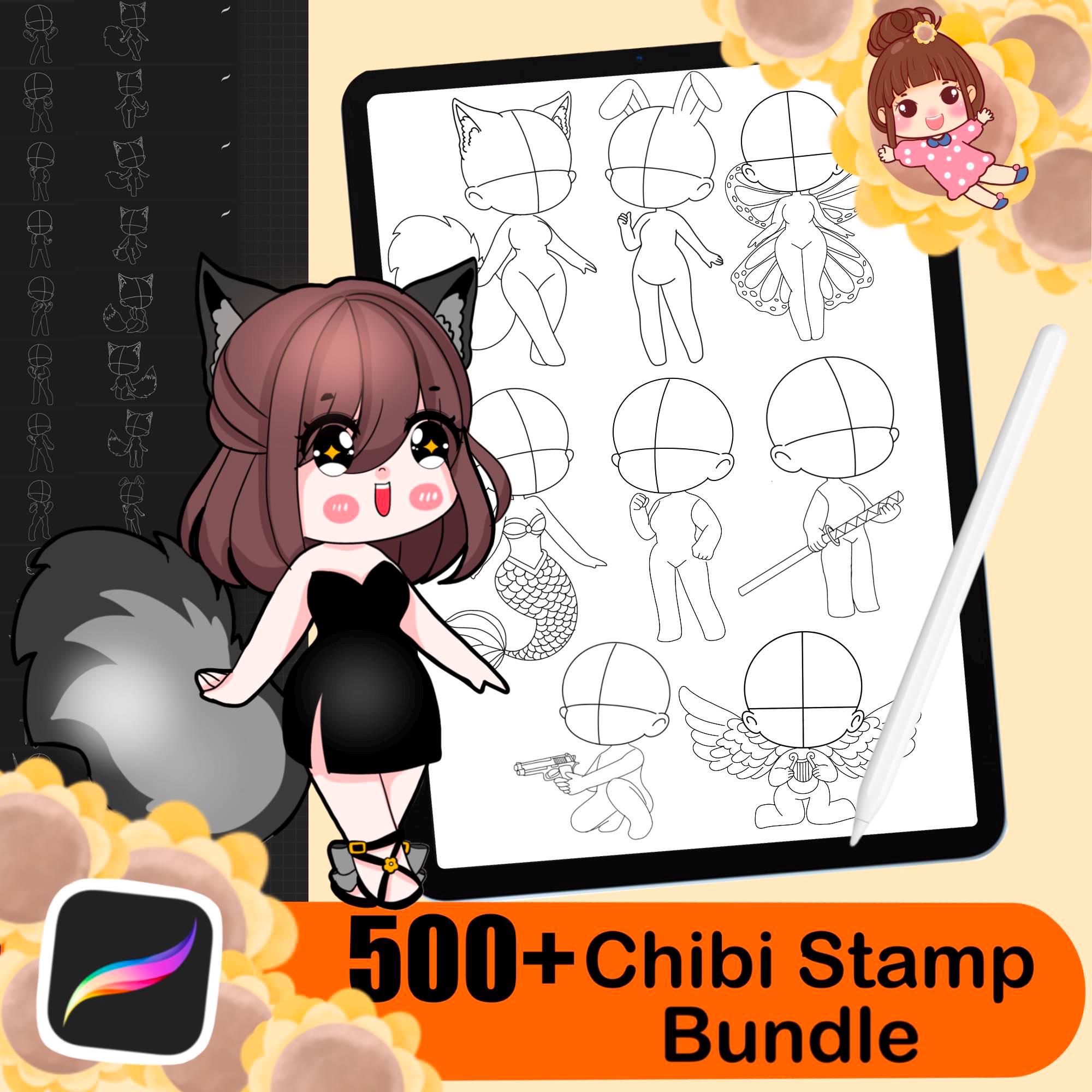 500+ pinceles sello Chibi para Procreate – Guías del cuerpo, ojos, cabello y zapatos para anime y manga