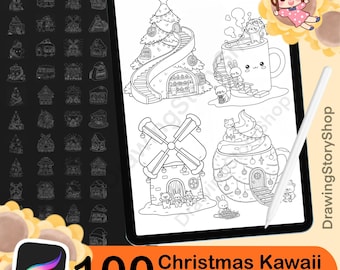 100 Procreate Christmas Stamps Brushes, Kawaii Doodle Animals in Cozy Home