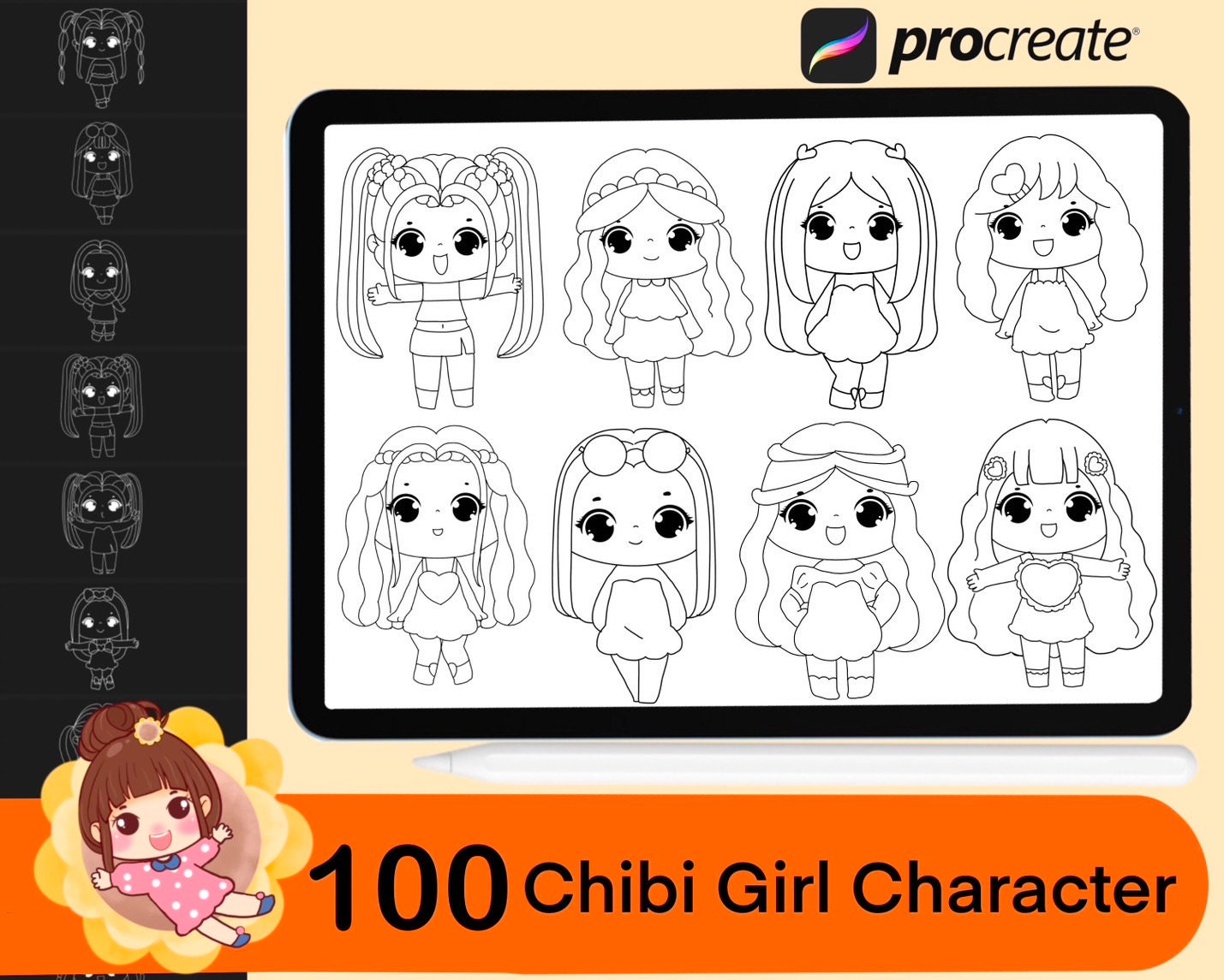 100 Procreate Chibi Girl Character Stamps, Chibi Girl Stamps , Chibi ...