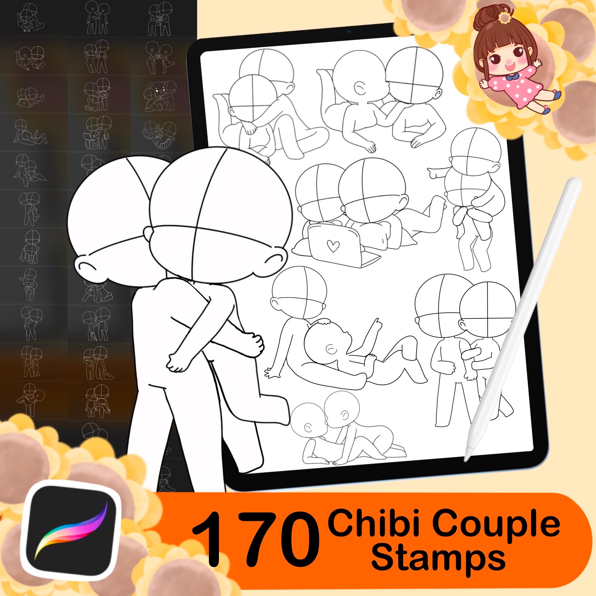170 Procreate Chibi Couple Stamps — Poses, Eyes, Hair Brushes & Bases for iPad Art