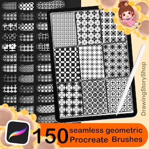 May include: A digital tablet displaying a grid of nine black and white geometric patterns, accompanied by a white stylus. The screen shows a selection from a set of 150 seamless geometric Procreate brushes, with the text DrawingStoryShop visible.