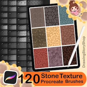May include: A digital tablet displays a variety of stone texture patterns. The tablet is accompanied by a white stylus. The image also includes the text "120 Stone Texture Procreate Brushes". A cartoon character is in the upper right corner.
