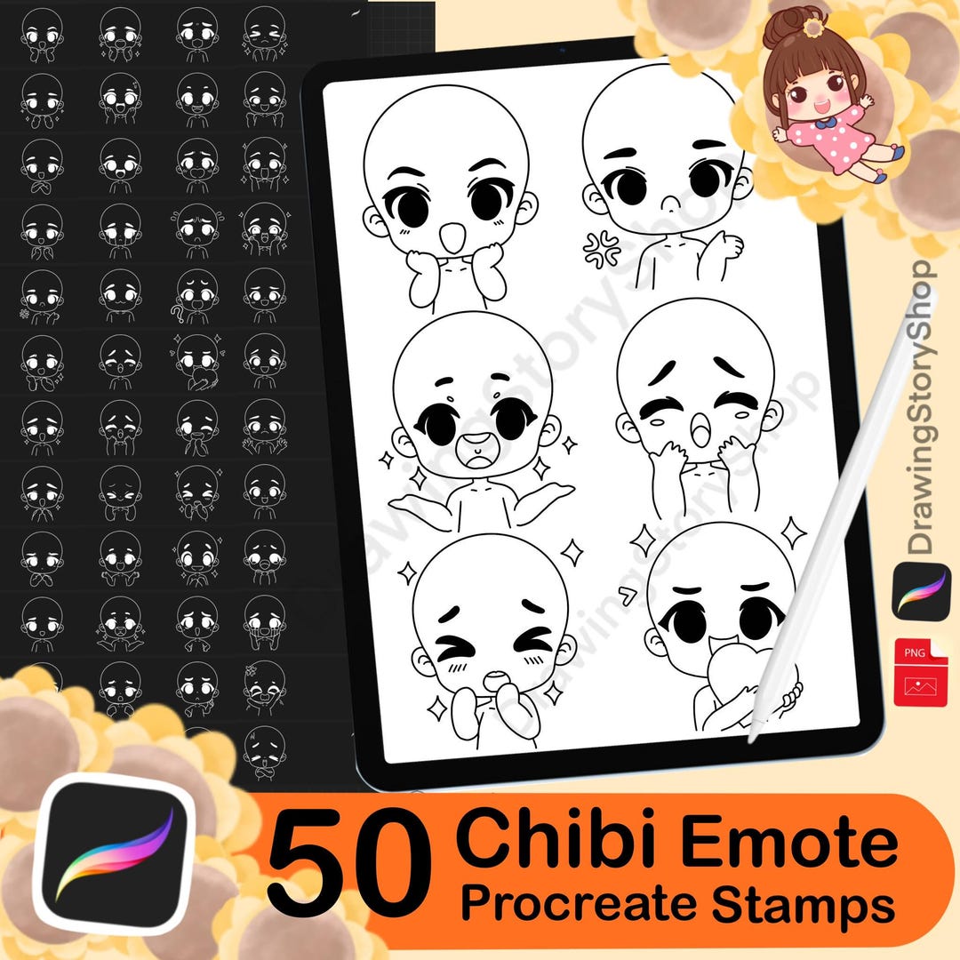50 Chibi Emote Stamps for Procreate, Chibi Character Brush, Procreate ...