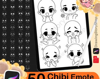 Puede incluir: Un conjunto de 50 sellos Procreate chibi emote en blanco y negro que muestran diversas expresiones faciales. Los sellos se muestran en la pantalla de una tableta blanca con fondo negro.
