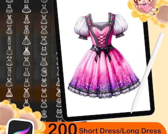 200 Procreate Long Dress Stamps, Procreate Short Dress Stamps,Long Dress brush for procreate, Fashion procreate stamp