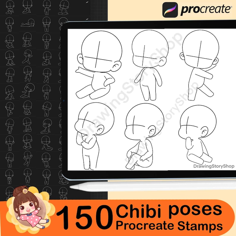 150 Base Chibi Procreate Pose Stamps , Procreate Chibi Body Stamps ...