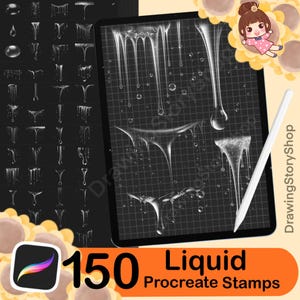 Może przedstawiać: Cyfrowa ilustracja 150 płynnych stempli Procreate. Stemple są białe i przezroczyste, przedstawiają różne kształty kropel płynu. Stemple są wyświetlane na czarno-białym tle siatki.