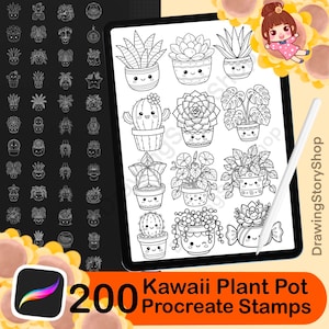 May include: A digital tablet displaying a grid of twelve black and white line art illustrations of potted plants with smiling faces, accompanied by a white stylus and the text DrawingStoryShop, featuring a Procreate icon and 200 Kawaii Plant Pot Procreate Stamps.