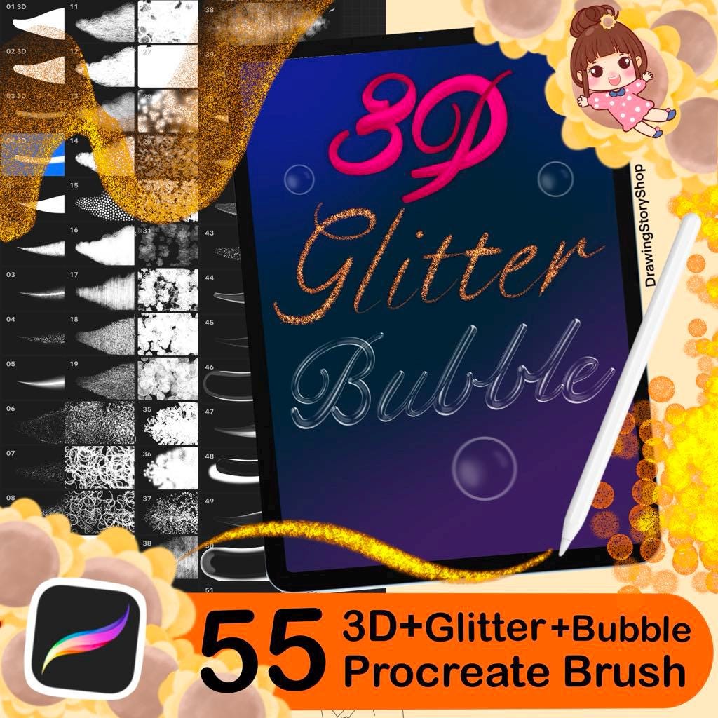 55 pinceles de brillo para Procreate con lettering 3D y efectos burbuja para iPad