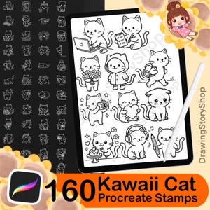 Könnte beinhalten: Digitales Kunstset mit 160 Kawaii Cat Procreate Stamps. Das Bild zeigt ein Tablet mit verschiedenen Katzenillustrationen, darunter Katzen mit Laptops, Blumen und Kameras. Ein Stift und zusätzliche Katzenstempel sind ebenfalls sichtbar.