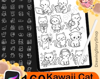 160 Procreate Kawaii Cat Stamps, Cute Kitty Daily Life Doodle Brushes, Planner Journal Cat Clipart