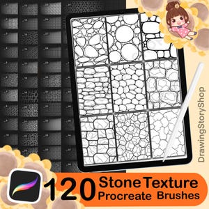 May include: A digital art display shows 120 stone texture Procreate brushes. The image features a tablet displaying various stone patterns, a stylus, and the Procreate app icon. The text "Stone Texture Procreate Brushes" is displayed in orange.