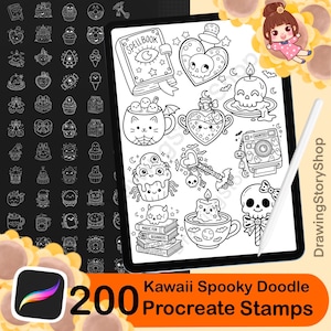 May include: A digital tablet displaying a collection of black and white line art illustrations featuring spooky themes like skulls, spellbooks, potions, and cupcakes. A white stylus rests on the screen, and the text DrawingStoryShop is visible.