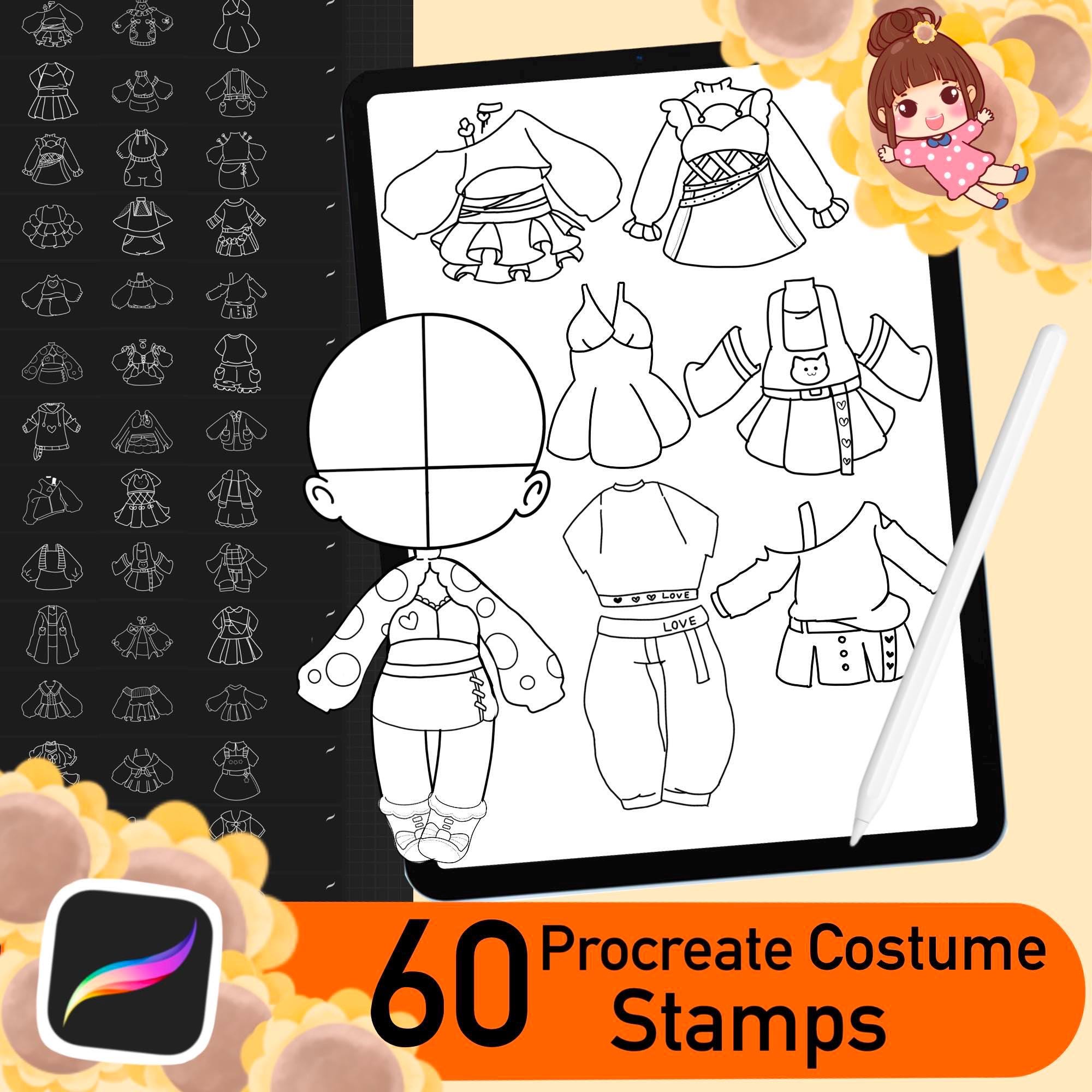 60 sellos de ropa chibi para Procreate – Pinceles de disfraces kawaii para Chibi Maker, manga y personajes tiernos
