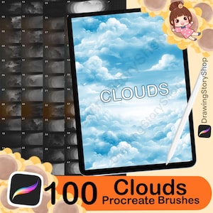 May include: A digital illustration of 100 cloud brushes for Procreate. The image shows a tablet screen displaying a blue sky with white clouds. The text "CLOUDS" is written in white letters on the screen. The image also shows a close-up of a stylus pen.