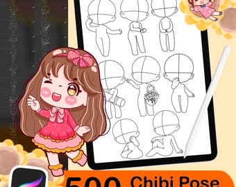 500 Base chibi Procreate body pose stamps ,Procreate chibi pose stamps , Procreate chibi body stamps , Chibi Procreate brushes