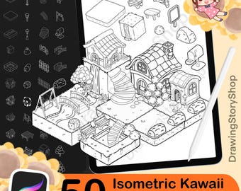 Può includere: Illustrazione digitale di timbri Procreate kawaii isometrici, con elementi di case e giardini. L'immagine mostra un tablet con una penna e il testo "50 Isometric Kawaii Procreate Stamps".