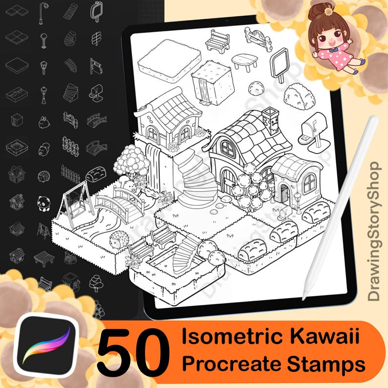 50 Procreate Isometric Kawaii Garden Stamp Brushes | Kawaii Textured ...