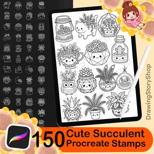 May include: A digital tablet displaying a collection of 150 black and white line art succulent stamps for Procreate. The screen shows various illustrations of plants in pots, jars, and geometric containers with smiling faces, alongside a white stylus.